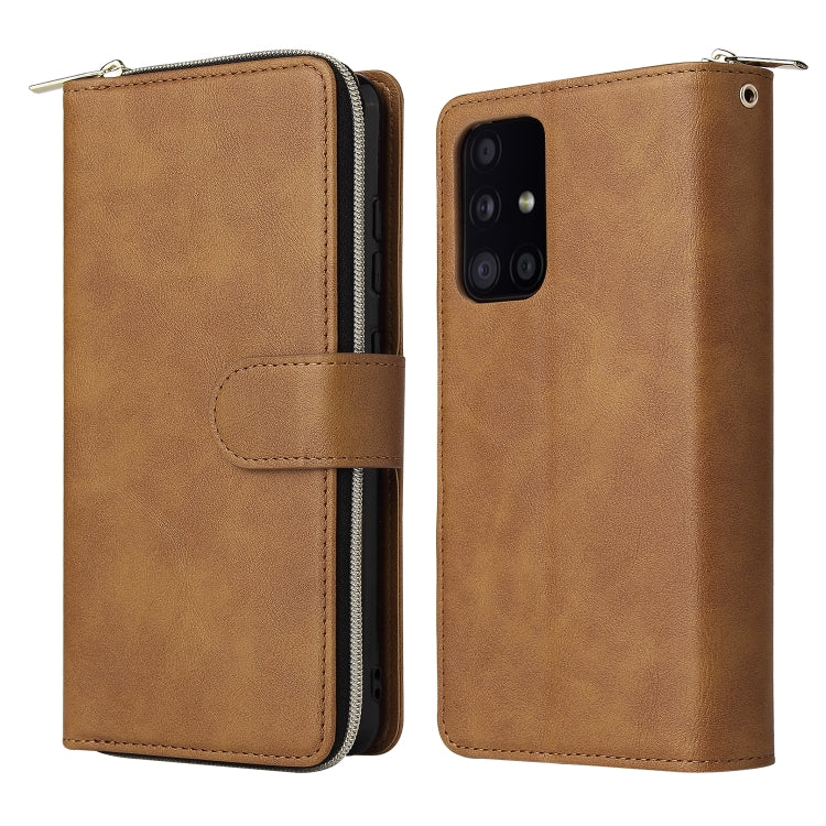 For Samsung Galaxy A52 5G Zipper Wallet Bag Horizontal Flip PU Leather Case with Holder & 9 Card Slots & Wallet & Lanyard & Photo Frame(Brown) by buy2fix