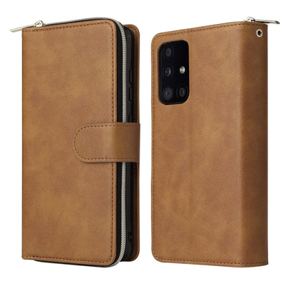 For Samsung Galaxy A52 5G Zipper Wallet Bag Horizontal Flip PU Leather Case with Holder & 9 Card Slots & Wallet & Lanyard & Photo Frame(Brown) by buy2fix