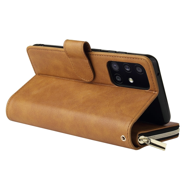 For Samsung Galaxy A52 5G Zipper Wallet Bag Horizontal Flip PU Leather Case with Holder & 9 Card Slots & Wallet & Lanyard & Photo Frame(Brown) by buy2fix