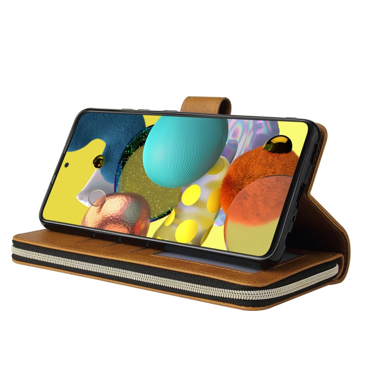 For Samsung Galaxy A52 5G Zipper Wallet Bag Horizontal Flip PU Leather Case with Holder & 9 Card Slots & Wallet & Lanyard & Photo Frame(Brown) by buy2fix
