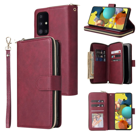 For Samsung Galaxy A52 5G Zipper Wallet Bag Horizontal Flip PU Leather Case with Holder & 9 Card Slots & Wallet & Lanyard & Photo Frame(Red Wine) - Galaxy Phone Cases by buy2fix | Online Shopping UK | buy2fix