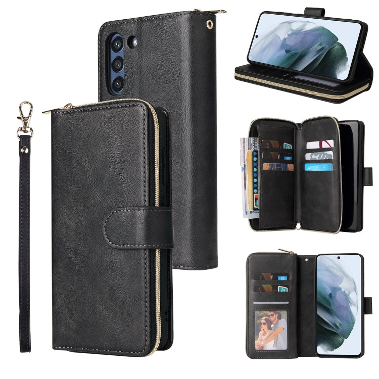For Samsung Galaxy S21 FE Zipper Wallet Bag Horizontal Flip PU Leather Case with Holder & 9 Card Slots & Wallet & Lanyard & Photo Frame(Black) - Galaxy Phone Cases by buy2fix | Online Shopping UK | buy2fix