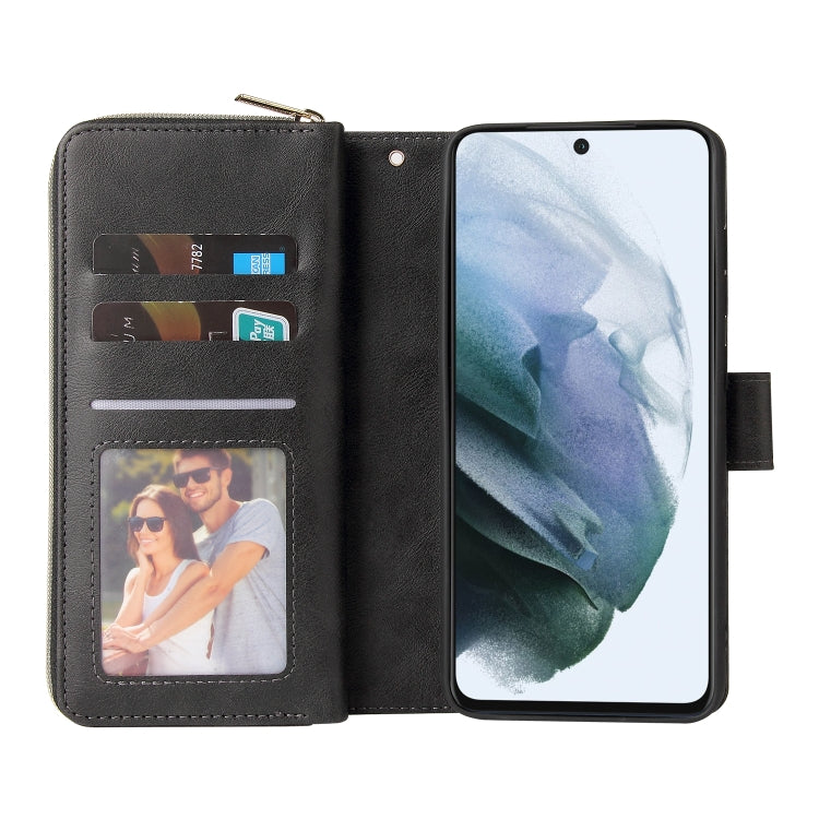 For Samsung Galaxy S21 FE Zipper Wallet Bag Horizontal Flip PU Leather Case with Holder & 9 Card Slots & Wallet & Lanyard & Photo Frame(Black) - Galaxy Phone Cases by buy2fix | Online Shopping UK | buy2fix