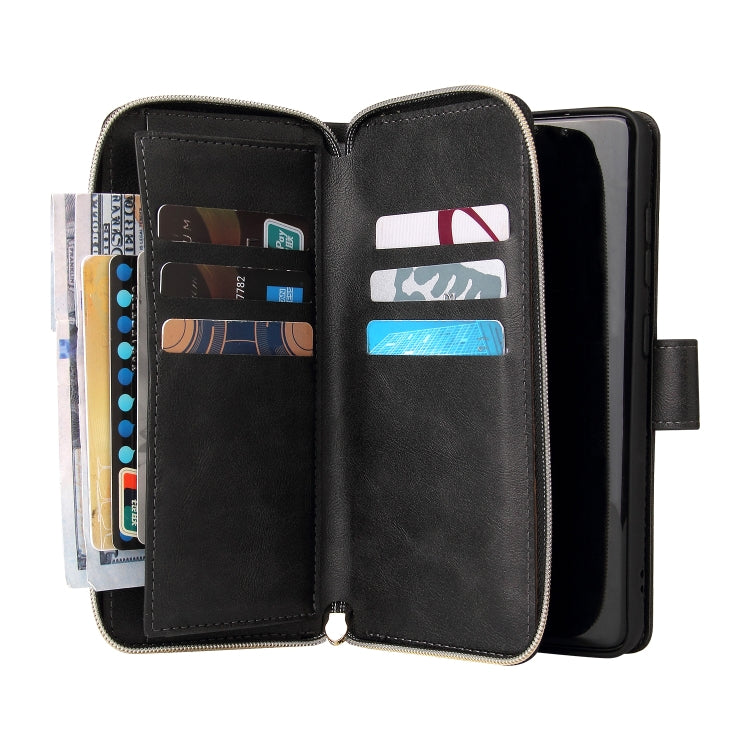 For Samsung Galaxy S21 FE Zipper Wallet Bag Horizontal Flip PU Leather Case with Holder & 9 Card Slots & Wallet & Lanyard & Photo Frame(Black) - Galaxy Phone Cases by buy2fix | Online Shopping UK | buy2fix