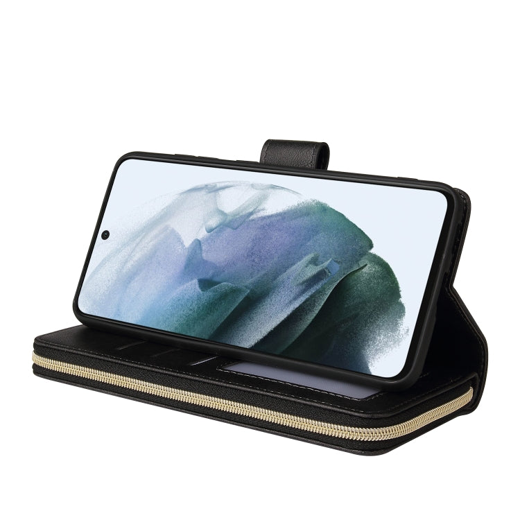 For Samsung Galaxy S21 FE Zipper Wallet Bag Horizontal Flip PU Leather Case with Holder & 9 Card Slots & Wallet & Lanyard & Photo Frame(Black) - Galaxy Phone Cases by buy2fix | Online Shopping UK | buy2fix