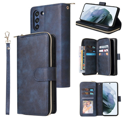 For Samsung Galaxy S21 FE Zipper Wallet Bag Horizontal Flip PU Leather Case with Holder & 9 Card Slots & Wallet & Lanyard & Photo Frame(Blue) by buy2fix