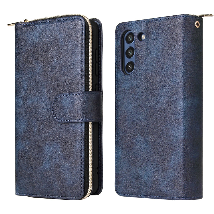 For Samsung Galaxy S21 FE Zipper Wallet Bag Horizontal Flip PU Leather Case with Holder & 9 Card Slots & Wallet & Lanyard & Photo Frame(Blue) by buy2fix