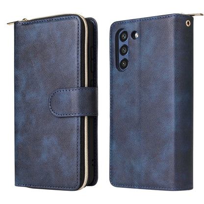 For Samsung Galaxy S21 FE Zipper Wallet Bag Horizontal Flip PU Leather Case with Holder & 9 Card Slots & Wallet & Lanyard & Photo Frame(Blue) by buy2fix