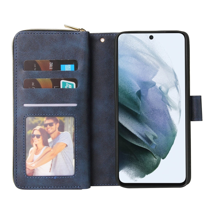 For Samsung Galaxy S21 FE Zipper Wallet Bag Horizontal Flip PU Leather Case with Holder & 9 Card Slots & Wallet & Lanyard & Photo Frame(Blue) by buy2fix