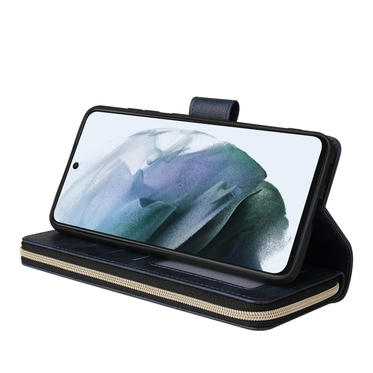 For Samsung Galaxy S21 FE Zipper Wallet Bag Horizontal Flip PU Leather Case with Holder & 9 Card Slots & Wallet & Lanyard & Photo Frame(Blue) by buy2fix