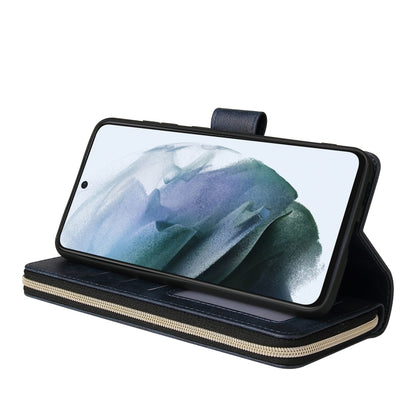 For Samsung Galaxy S21 FE Zipper Wallet Bag Horizontal Flip PU Leather Case with Holder & 9 Card Slots & Wallet & Lanyard & Photo Frame(Blue) by buy2fix