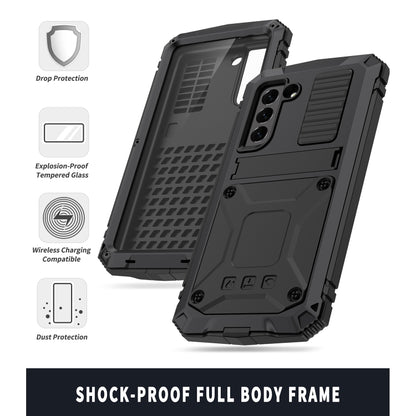 For Samsung Galaxy S21 FE R-JUST Shockproof Waterproof Dust-proof Metal + Silicone Protective Case with Holder(Black) - Galaxy Phone Cases by R-JUST | Online Shopping UK | buy2fix