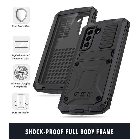 For Samsung Galaxy S21 FE R-JUST Shockproof Waterproof Dust-proof Metal + Silicone Protective Case with Holder(Black) - Galaxy Phone Cases by R-JUST | Online Shopping UK | buy2fix