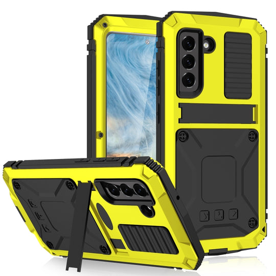 For Samsung Galaxy S21 FE R-JUST Shockproof Waterproof Dust-proof Metal + Silicone Protective Case with Holder(Yellow)