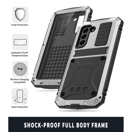 For Samsung Galaxy S21 FE R-JUST Shockproof Waterproof Dust-proof Metal + Silicone Protective Case with Holder(Silver) - Galaxy Phone Cases by R-JUST | Online Shopping UK | buy2fix