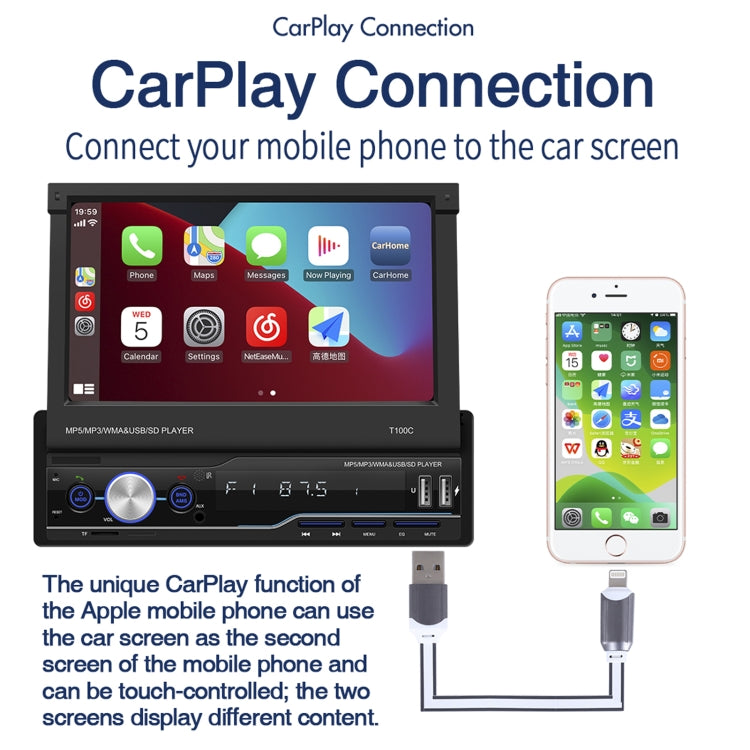 T100C 7 inch Manually Retractable Screen Car MP5 Player Radio, Support Mirror Link & FM & TF Card & USB & Bluetooth Hand-free Calling & Reversing Trajectory System & CayPlay Connection - Car MP3 & MP4 & MP5 by buy2fix | Online Shopping UK | buy2fix