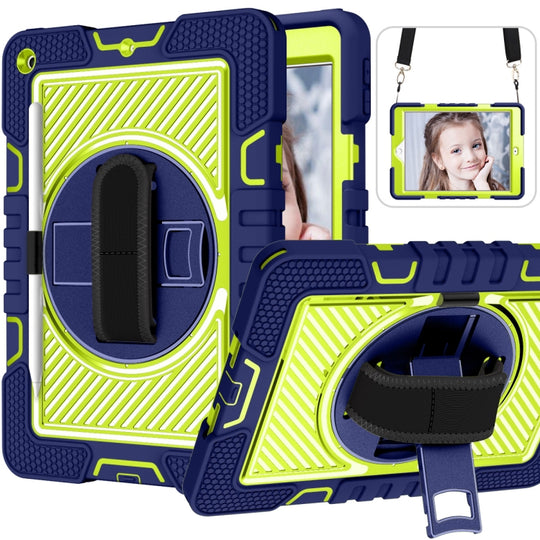 For iPad 10.2 2021 / 2020 / 2019 360 Degree Rotation Contrast Color Shockproof Silicone + PC Case with Holder & Hand Grip Strap & Shoulder Strap (Navy+Yellow Green)