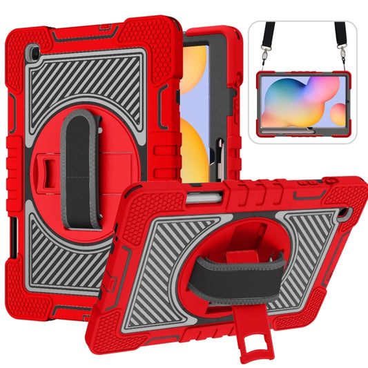 For Samsung Galaxy Tab S6 Lite P610/P615 360 Degree Rotation Contrast Color Shockproof Silicone + PC Case with Holder & Hand Grip Strap & Shoulder Strap(Red+Black) - Tab S6 Lite P610 / P615 by buy2fix | Online Shopping UK | buy2fix