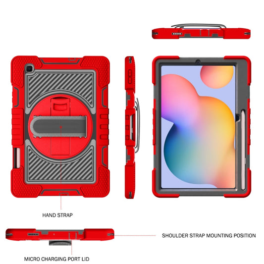 For Samsung Galaxy Tab S6 Lite P610/P615 360 Degree Rotation Contrast Color Shockproof Silicone + PC Case with Holder & Hand Grip Strap & Shoulder Strap(Red+Black) - Tab S6 Lite P610 / P615 by buy2fix | Online Shopping UK | buy2fix