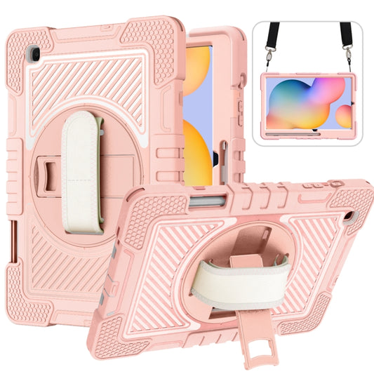 For Samsung Galaxy Tab S6 Lite P610/P615 360 Degree Rotation Contrast Color Shockproof Silicone + PC Case with Holder & Hand Grip Strap & Shoulder Strap(Rose Gold) - Tab S6 Lite P610 / P615 by buy2fix | Online Shopping UK | buy2fix