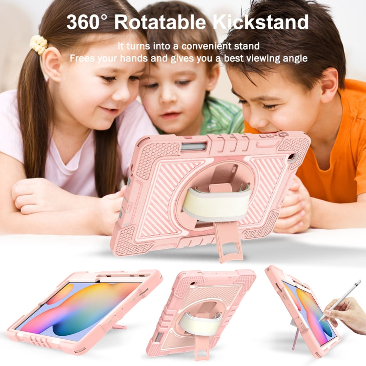 For Samsung Galaxy Tab S6 Lite P610/P615 360 Degree Rotation Contrast Color Shockproof Silicone + PC Case with Holder & Hand Grip Strap & Shoulder Strap(Rose Gold) - Tab S6 Lite P610 / P615 by buy2fix | Online Shopping UK | buy2fix