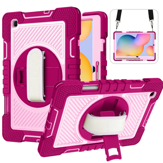 For Samsung Galaxy Tab S6 Lite P610/P615 360 Degree Rotation Contrast Color Shockproof Silicone + PC Case with Holder & Hand Grip Strap & Shoulder Strap(Rose Red+Pink) - Tab S6 Lite P610 / P615 by buy2fix | Online Shopping UK | buy2fix