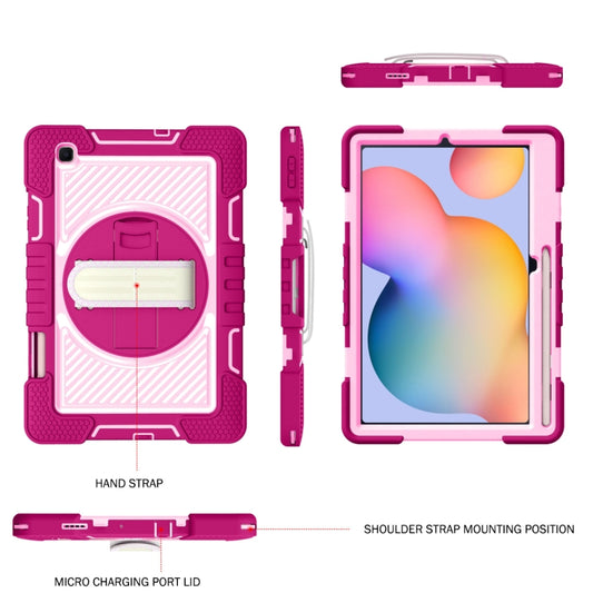 For Samsung Galaxy Tab S6 Lite P610/P615 360 Degree Rotation Contrast Color Shockproof Silicone + PC Case with Holder & Hand Grip Strap & Shoulder Strap(Rose Red+Pink) - Tab S6 Lite P610 / P615 by buy2fix | Online Shopping UK | buy2fix