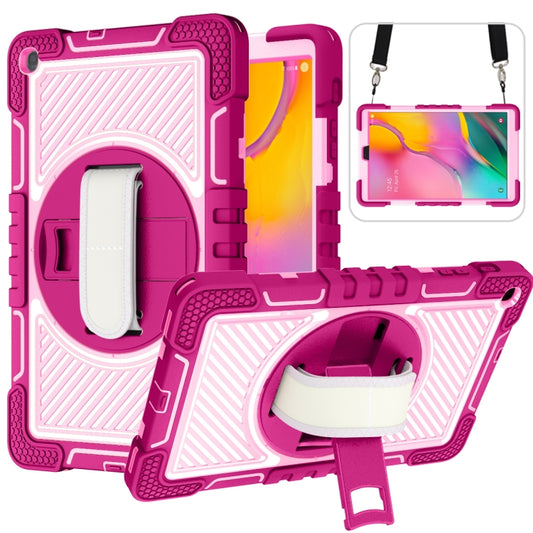 For Samsung Galaxy Tab A 10.1 2019 T515 360 Degree Rotation Contrast Color Shockproof Silicone + PC Case with Holder & Hand Grip Strap & Shoulder Strap(Rose Red+Pink) - Tab A 10.1 (2019) T510 / T515 by buy2fix | Online Shopping UK | buy2fix