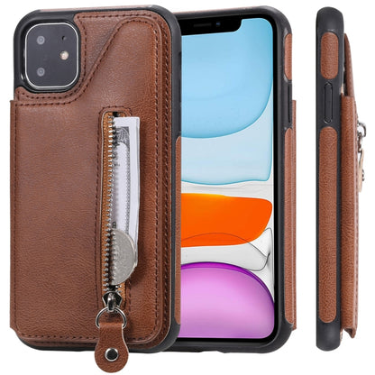 For iPhone 11 Solid Color Double Buckle Zipper Shockproof Protective Case(Brown) - iPhone 11 Cases by buy2fix | Online Shopping UK | buy2fix