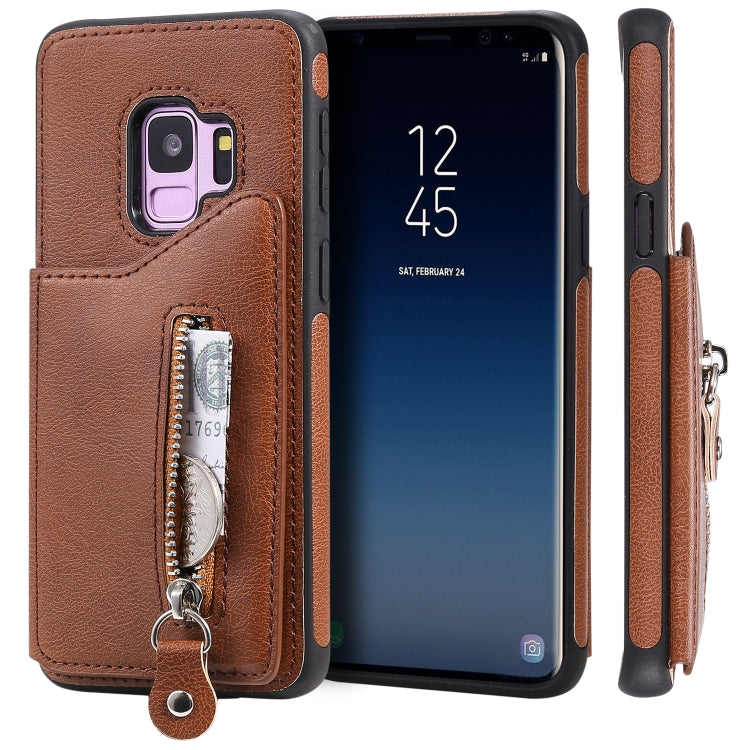 For Galaxy S9 Solid Color Double Buckle Zipper Shockproof Protective Case(Brown) by buy2fix
