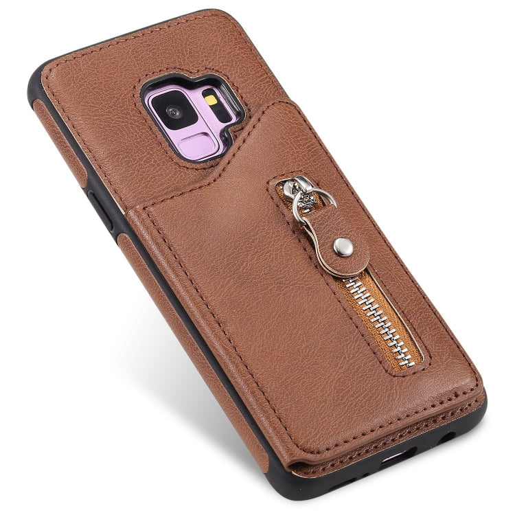 For Galaxy S9 Solid Color Double Buckle Zipper Shockproof Protective Case(Brown) by buy2fix