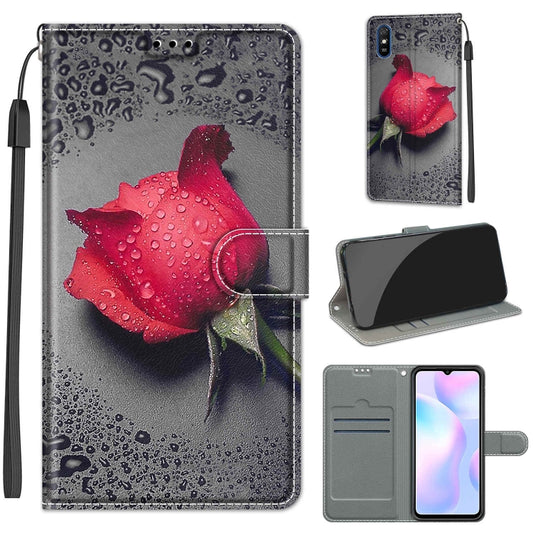 For Xiaomi Redmi 9A Voltage Coloured Drawing Magnetic Clasp Horizontal Flip PU Leather Case with Holder & Card Slots(C14 Black Water Drop Rose) - Xiaomi Cases by buy2fix | Online Shopping UK | buy2fix