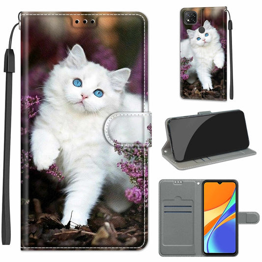 For Xiaomi Redmi 9C Voltage Coloured Drawing Magnetic Clasp Horizontal Flip PU Leather Case with Holder & Card Slots(C08 Flower Bush Big White Cat) - Xiaomi Cases by buy2fix | Online Shopping UK | buy2fix