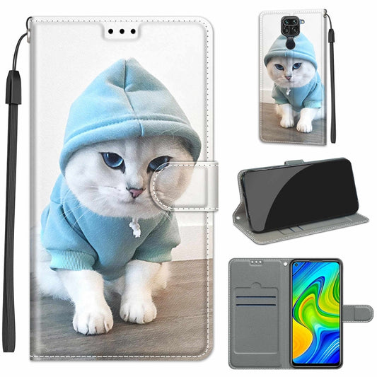 For Xiaomi Redmi Note 9/Redmi 10X 4G Voltage Coloured Drawing Magnetic Clasp Horizontal Flip PU Leather Case with Holder & Card Slots(C15 Blue Sweater White Cat) - Xiaomi Cases by buy2fix | Online Shopping UK | buy2fix