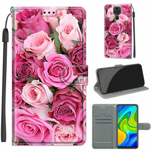 For Xiaomi Redmi Note 9/Redmi 10X 4G Voltage Coloured Drawing Magnetic Clasp Horizontal Flip PU Leather Case with Holder & Card Slots(C17 Green Leaf Pink Rose) - Xiaomi Cases by buy2fix | Online Shopping UK | buy2fix