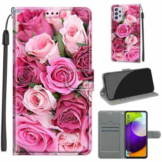 For Samsung Galaxy A52 5G Voltage Colored Drawing Magnetic Clasp Horizontal Flip PU Leather Case with Holder & Card Slots(C17 Green Leaf Pink Rose) by buy2fix