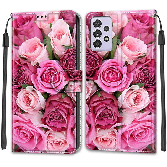 For Samsung Galaxy A52 5G Voltage Colored Drawing Magnetic Clasp Horizontal Flip PU Leather Case with Holder & Card Slots(C17 Green Leaf Pink Rose) by buy2fix