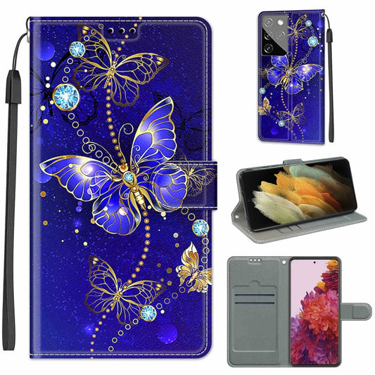 For Samsung Galaxy S21 Ultra 5G Voltage Colored Drawing Magnetic Clasp Horizontal Flip PU Leather Case with Holder & Card Slots(C11 Blue Golden Chain Butterflies) - Galaxy S21 Ultra 5G Cases by buy2fix | Online Shopping UK | buy2fix