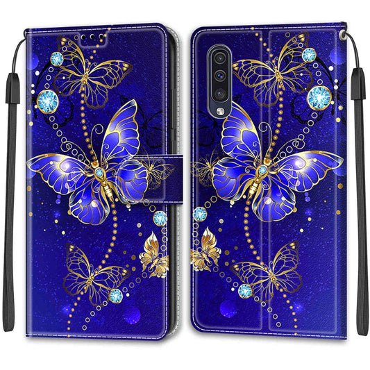 For Samsung Galaxy A50 Voltage Colored Drawing Magnetic Clasp Horizontal Flip PU Leather Case with Holder & Card Slots(C11 Blue Golden Chain Butterflies) by buy2fix