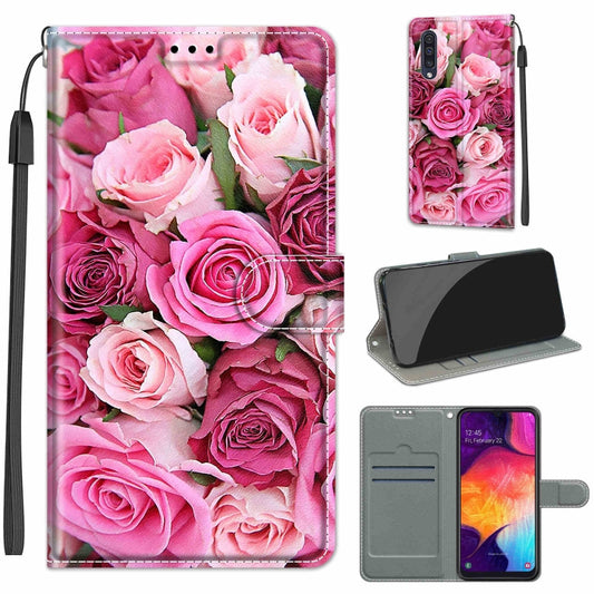 For Samsung Galaxy A50 Voltage Colored Drawing Magnetic Clasp Horizontal Flip PU Leather Case with Holder & Card Slots(C17 Green Leaf Pink Rose) by buy2fix