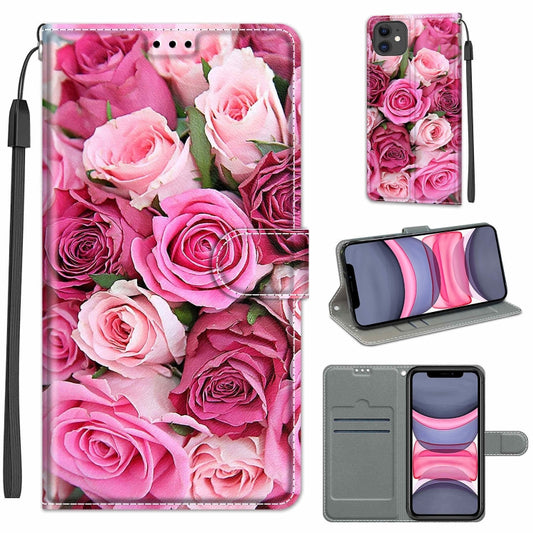 For iPhone 11 Voltage Colored Drawing Magnetic Clasp Horizontal Flip PU Leather Case with Holder & Card Slots (C17 Green Leaf Pink Rose) - iPhone 11 Cases by buy2fix | Online Shopping UK | buy2fix