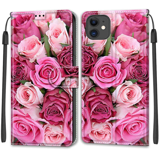 For iPhone 11 Voltage Colored Drawing Magnetic Clasp Horizontal Flip PU Leather Case with Holder & Card Slots (C17 Green Leaf Pink Rose) - iPhone 11 Cases by buy2fix | Online Shopping UK | buy2fix