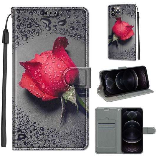 For iPhone 12 / 12 Pro Voltage Colored Drawing Magnetic Clasp Horizontal Flip PU Leather Case with Holder & Card Slots(C14 Black Water Drop Rose) - iPhone 12 / 12 Pro Cases by buy2fix | Online Shopping UK | buy2fix