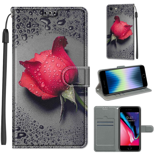 For iPhone SE 2022 / SE 2020 / 8 / 7 Voltage Colored Drawing Magnetic Clasp Horizontal Flip PU Leather Case with Holder & Card Slots(C14 Black Water Drop Rose)
