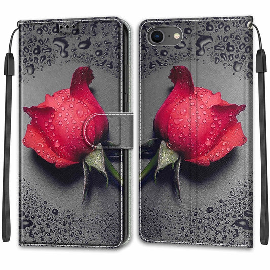 For iPhone SE 2022 / SE 2020 / 8 / 7 Voltage Colored Drawing Magnetic Clasp Horizontal Flip PU Leather Case with Holder & Card Slots(C14 Black Water Drop Rose) - iPhone SE 2022 / 2020 / 8 / 7 Cases by buy2fix | Online Shopping UK | buy2fix