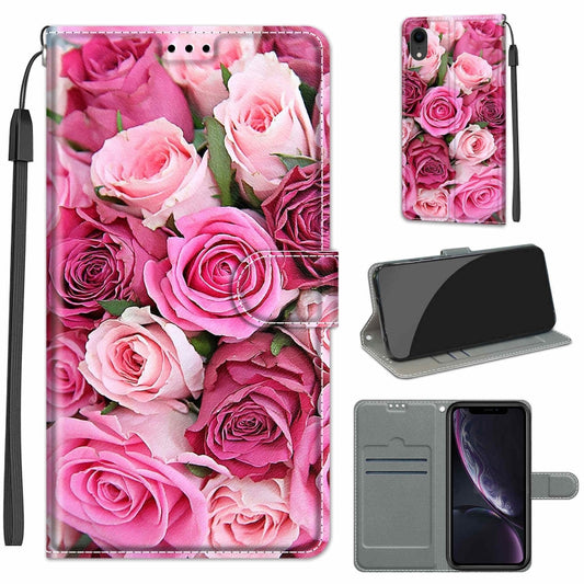 For iPhone XR Voltage Colored Drawing Magnetic Clasp Horizontal Flip PU Leather Case with Holder & Card Slots(C17 Green Leaf Pink Rose) - More iPhone Cases by buy2fix | Online Shopping UK | buy2fix