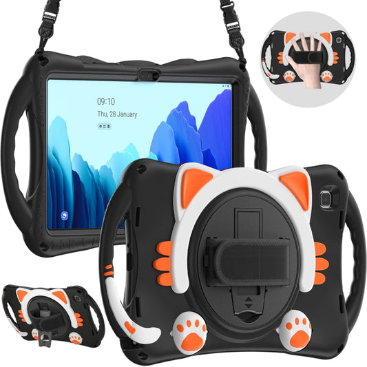 For Samsung Galaxy Tab A7 10.4 2020 SM-T500 Cute Cat King Kids Shockproof Silicone Tablet Case with Holder & Shoulder Strap & Handle(Black Orange) - Other Galaxy Tab PC by buy2fix | Online Shopping UK | buy2fix