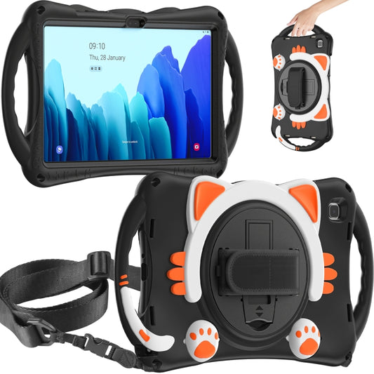 For Samsung Galaxy Tab A7 10.4 2020 SM-T500 Cute Cat King Kids Shockproof Silicone Tablet Case with Holder & Shoulder Strap & Handle(Black Orange) - Other Galaxy Tab PC by buy2fix | Online Shopping UK | buy2fix