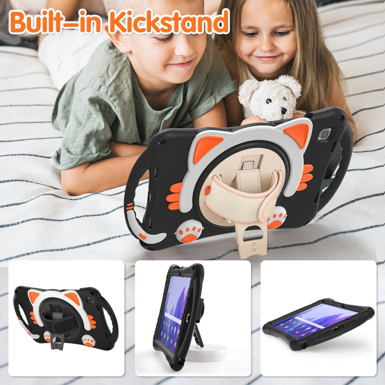 For Samsung Galaxy Tab A7 10.4 2020 SM-T500 Cute Cat King Kids Shockproof Silicone Tablet Case with Holder & Shoulder Strap & Handle(Black Orange) - Other Galaxy Tab PC by buy2fix | Online Shopping UK | buy2fix