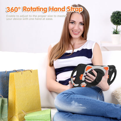 For Samsung Galaxy Tab A7 10.4 2020 SM-T500 Cute Cat King Kids Shockproof Silicone Tablet Case with Holder & Shoulder Strap & Handle(Black Orange) - Other Galaxy Tab PC by buy2fix | Online Shopping UK | buy2fix